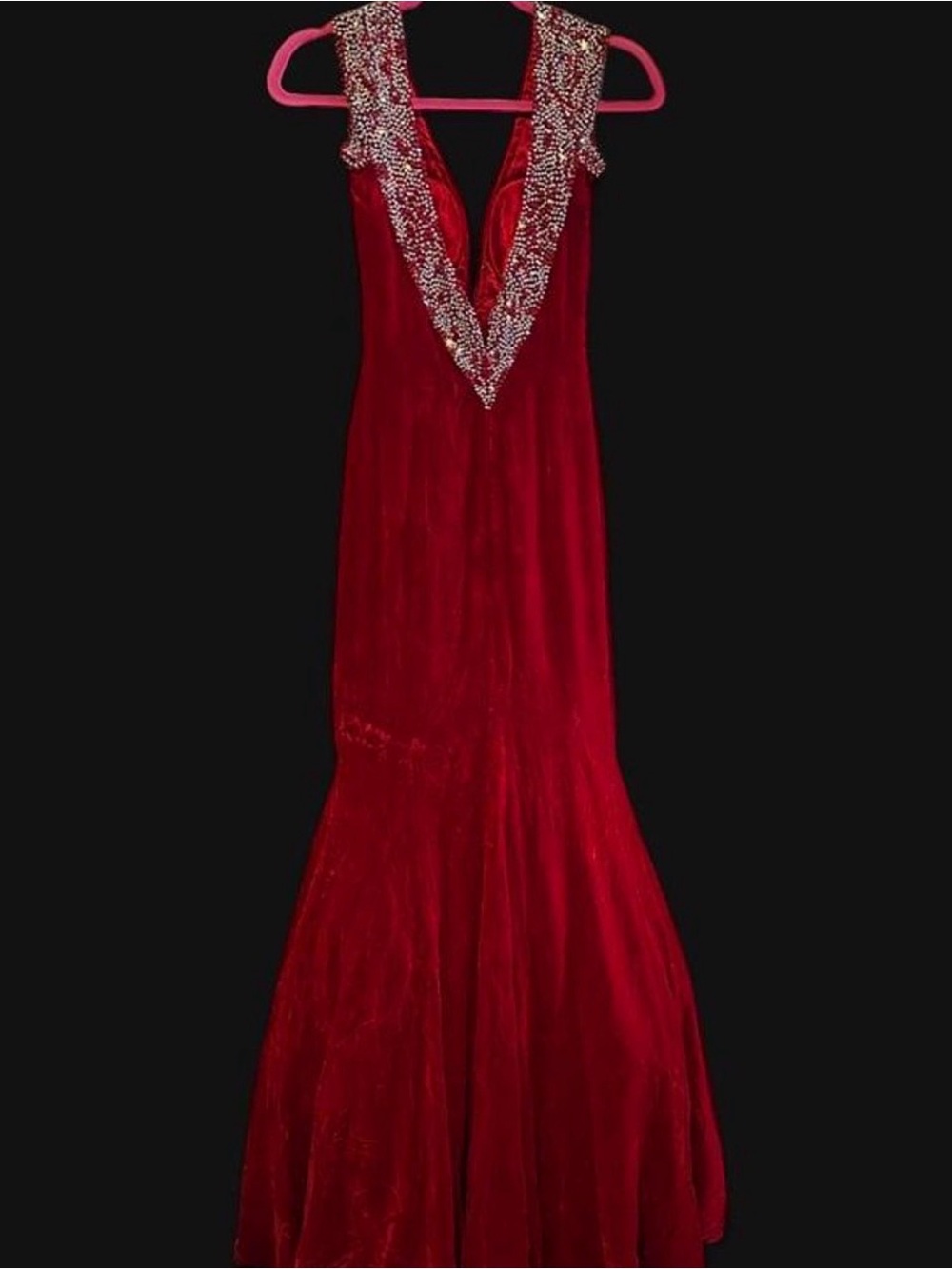Sherri Hill Red Velvet Mermaid Gown Beaded Cap Shoulders prom pageant formal - Picture 3 of 8